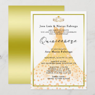 Gold Glitter Ball Gown, Tiara Quinceañera Birthday Invitation
