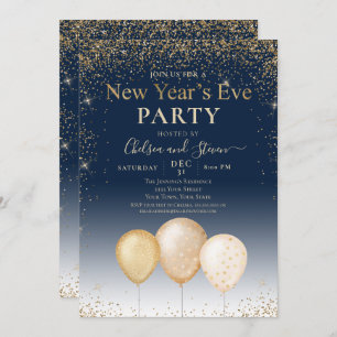 Gold Glitter Balloon New Year's Eve Party Invitation