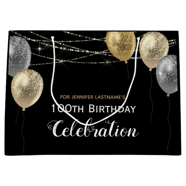 Gold Glitter Balloons 100th Birthday Party Large Gift Bag (Front)