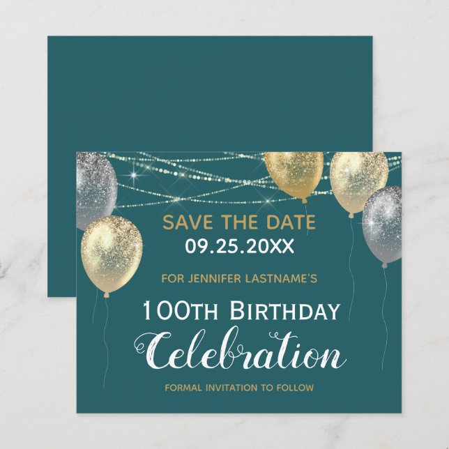 Gold Glitter Balloons 100th Birthday Save the Date (Front/Back)