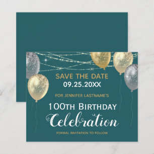Gold Glitter Balloons 100th Birthday Save the Date