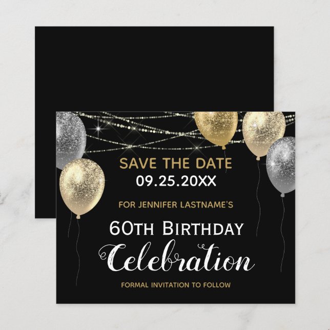 Gold Glitter Balloons 60th Birthday Save the Date (Front/Back)