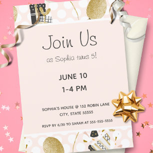 Gold Glitter Balloons and Hats Kid Birthday Party Invitation