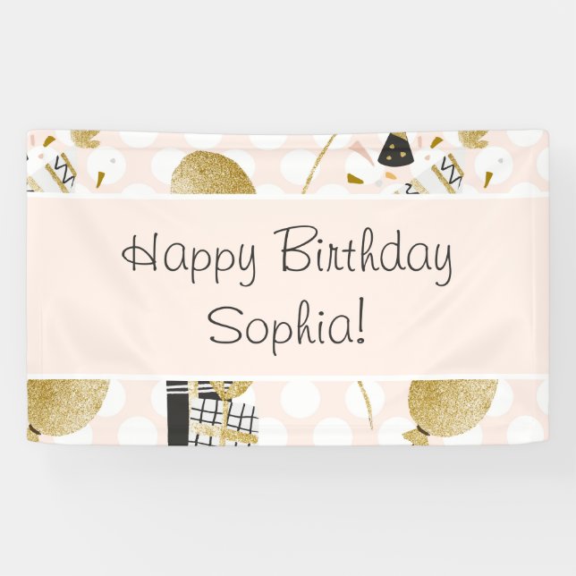 Gold Glitter Balloons and Party Hats Kid Birthday Banner (Horizontal)