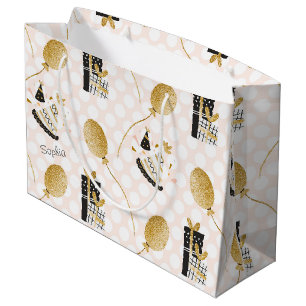 Gold Glitter Balloons and Party Hats Kids Birthday Large Gift Bag