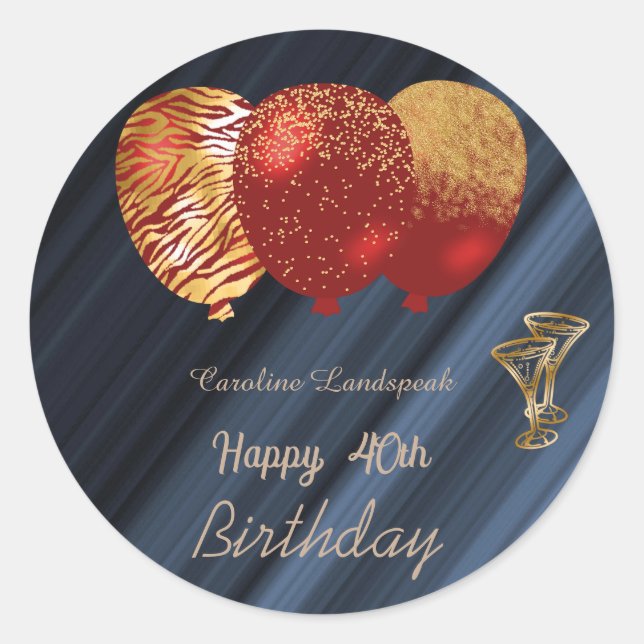 Gold Glitter Balloons & Gold Glasses 40th Birthday Classic Round Sticker (Front)