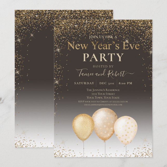 Gold Glitter Balloons Taupe New Year's Eve Party Invitation (Front/Back)