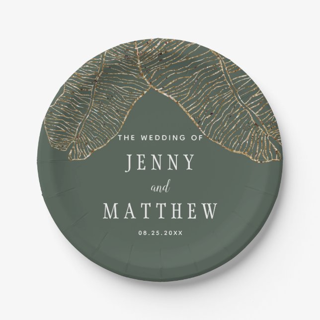 Gold Glitter Banana Leaves Tropical Wedding Paper Plate (Front)