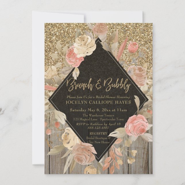 Gold Glitter Barn Wood Floral Brunch & Bubbly Invitation (Front)