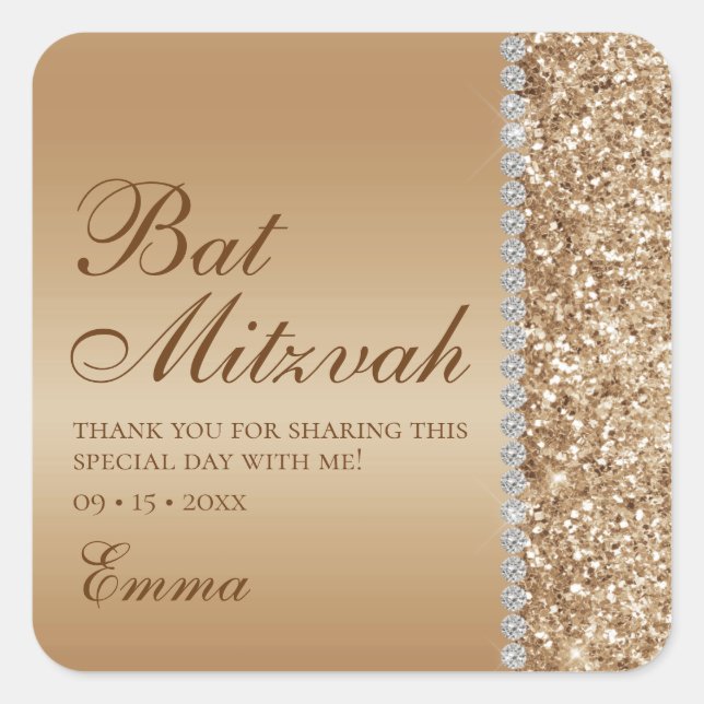 Gold Glitter Bat Mitzvah Square Sticker (Front)