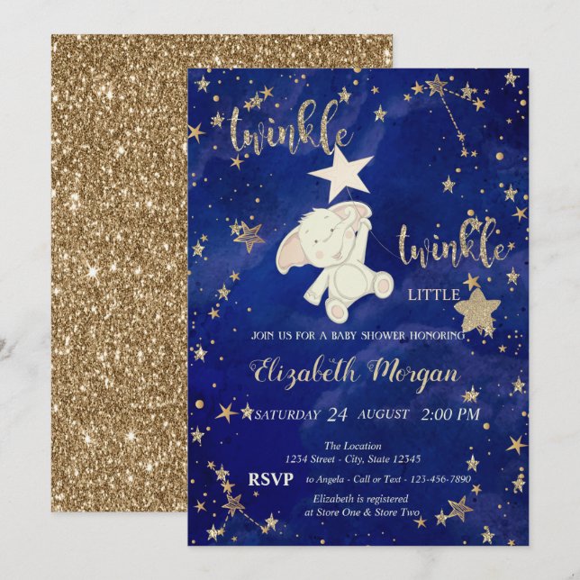 Gold Glitter Bear Twinkle Little Star Baby Shower Invitation (Front/Back)