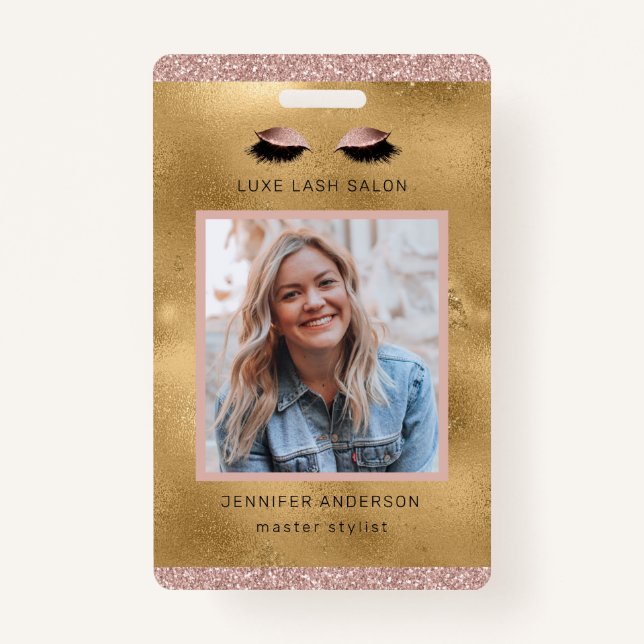 Gold Glitter Beauty Salon Logo Photo Stylist ID Badge (Front)