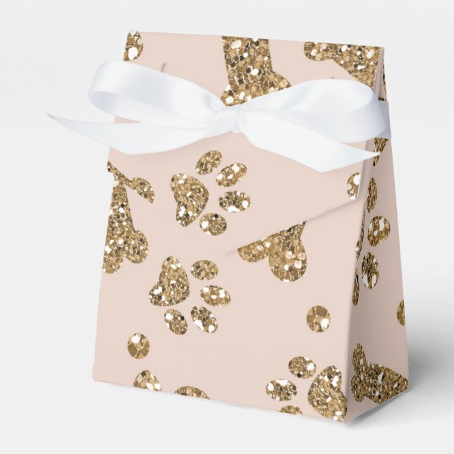 Gold Glitter Beige Blush Pet Paw Bone Puppy Dog Favor Box (Front Side)