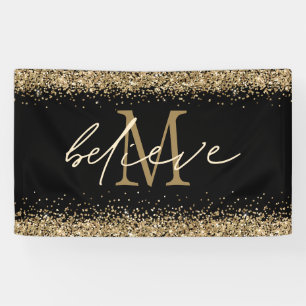 Gold Glitter Believe Script Monogram Initial Black Banner