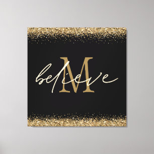 Gold Glitter Believe Script Monogram Initial Black Canvas Print
