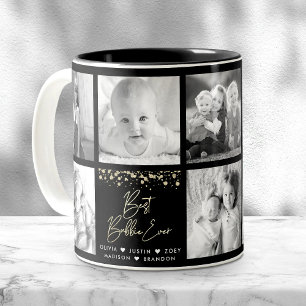 Gold Glitter Best Bubbie Ever 8 Photo Collage Glam Two-Tone Coffee Mug