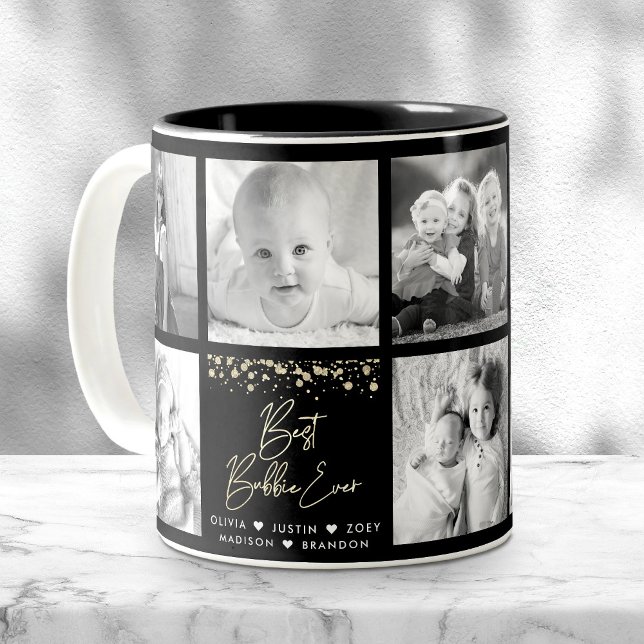 Gold Glitter Best Bubbie Ever 8 Photo Collage Glam Two-Tone Coffee Mug (Creator Uploaded)