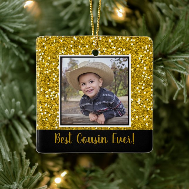 Gold Glitter Best Cousin Ever Christmas Ceramic Ornament (Tree)