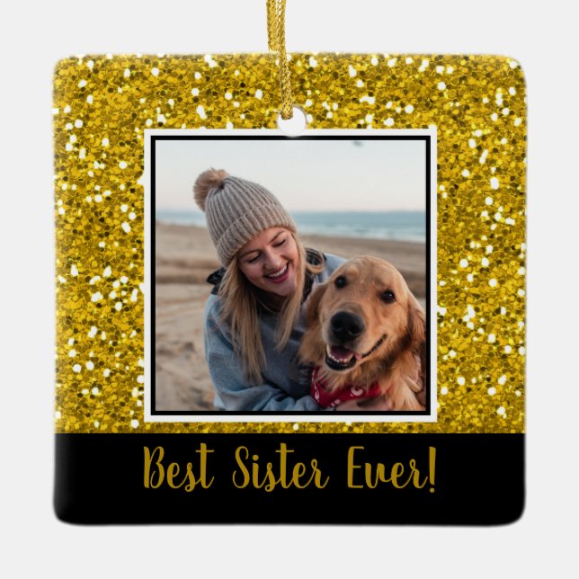 Gold Glitter Best Sister Ever Christmas Ceramic Ornament (Front)