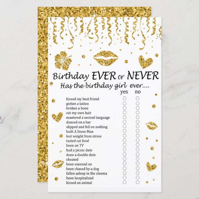 Gold glitter Birthday Ever or Never Game (Front/Back)