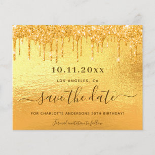 Gold glitter birthday save the date card