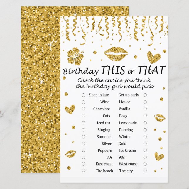 Gold glitter Birthday This or That Game (Front/Back)