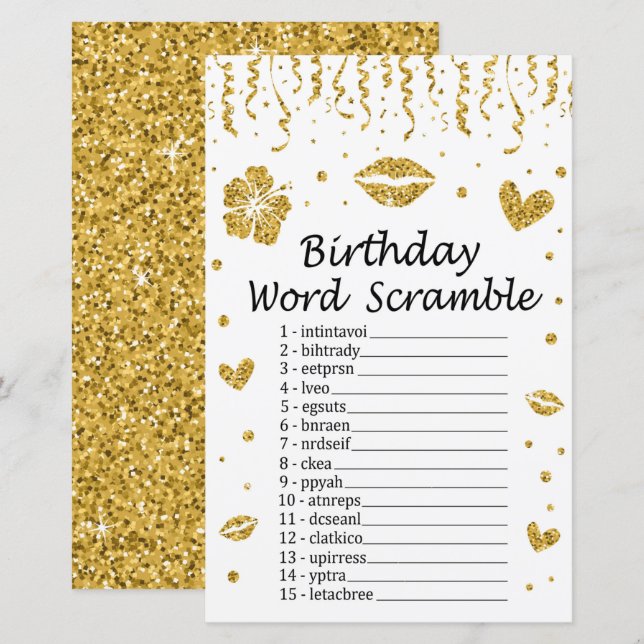 Gold glitter Birthday Word Scramble Game (Front/Back)