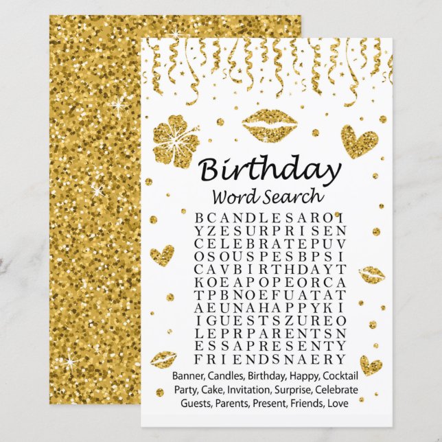 Gold glitter Birthday Word Search Game (Front/Back)