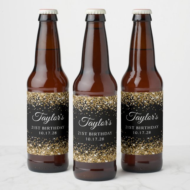 Gold Glitter Black 21st Birthday Beer Bottle Label (Bottles)