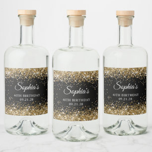 Gold Glitter Black 40th Birthday Liquor Bottle Label