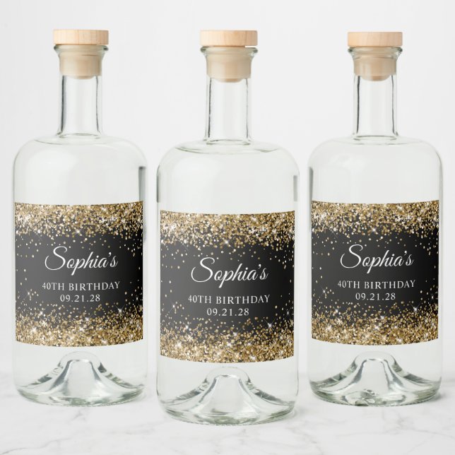 Gold Glitter Black 40th Birthday Liquor Bottle Label (Bottles)