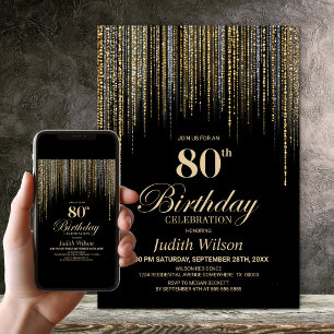 Gold Glitter Black 80th Birthday Party Invitation