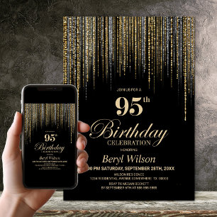 Gold Glitter Black 95th Birthday Party Invitation