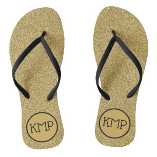 Gold Glitter Black and Gold Monogram  Flip Flops