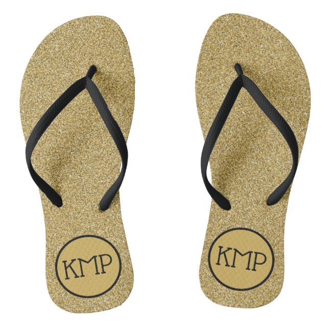 Gold Glitter Black and Gold Monogram  Flip Flops (Footbed)