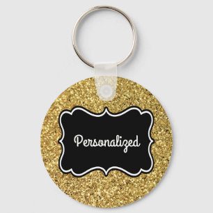 Gold Glitter Black and White Personalized Frame Keychain