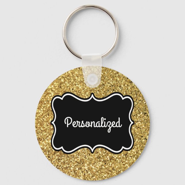 Gold Glitter Black and White Personalized Frame Keychain (Front)