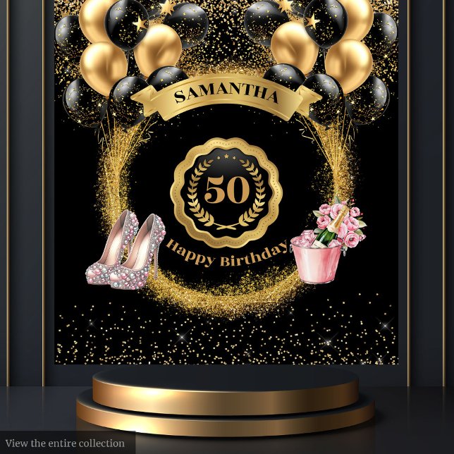 Gold Glitter Black Balloons 50th Birthday Backdrop Tapestry (Gold Glitter Black Balloons 50th Birthday Backdrop)