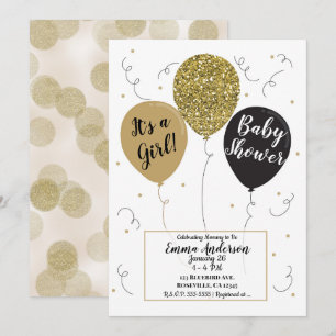 Gold Glitter Black Balloons Girl Baby Shower Invitation