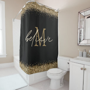 Gold Glitter Black Believe Script Monogram Initial
