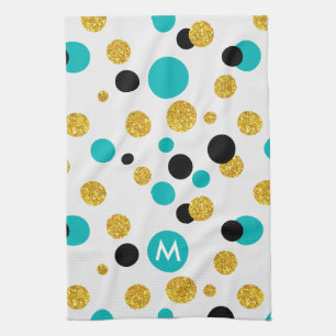 Gold Glitter, Black & Blue Circles Pattern Kitchen Towel