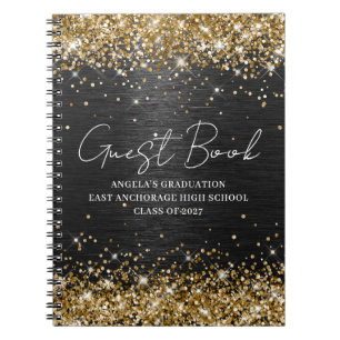 Gold Glitter Black Brushed Metal Graduation Guest Notebook