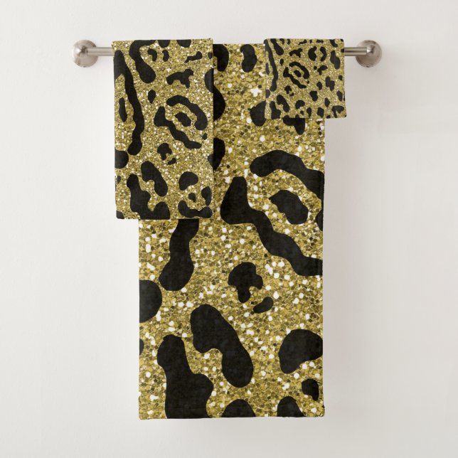 Gold Glitter Black Cheetah Leopard Animal Print Bath Towel Set (Insitu)