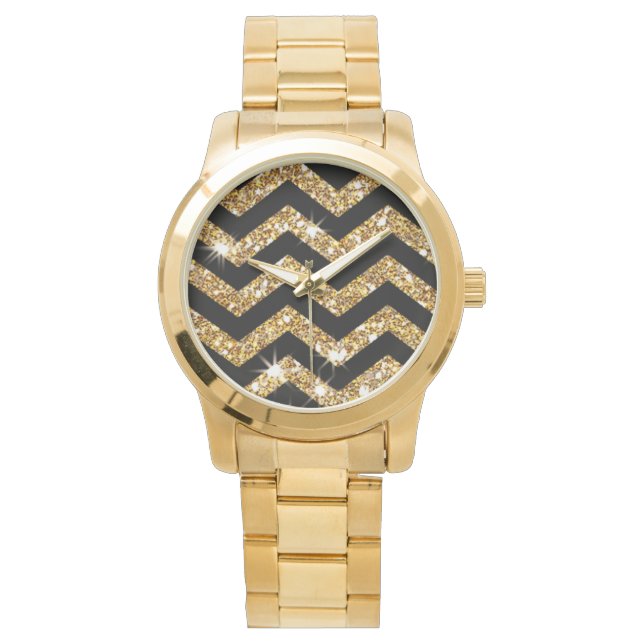 Gold Glitter & Black Chevron, Classic Look Design Watch (Front)