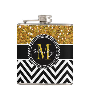 Gold Glitter Black Chevron Pattern Monogram Hip Flask