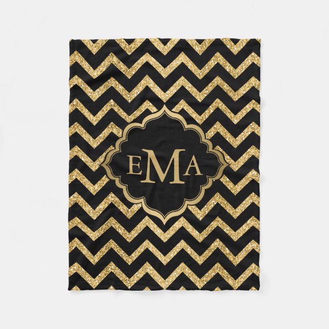 Gold Glitter Black Chevron Zigzag Pattern Monogram Fleece Blanket (Front)