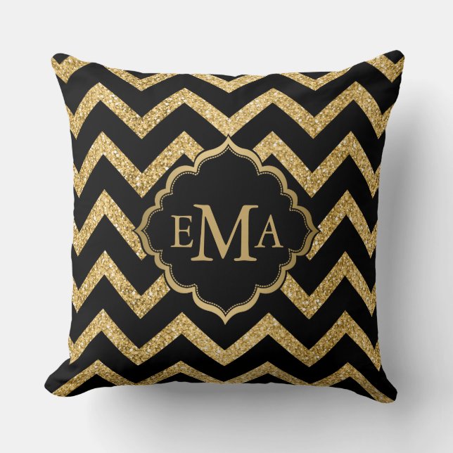 Gold Glitter Black Chevron Zigzag Pattern Monogram Throw Pillow (Front)