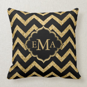 Gold Glitter Black Chevron Zigzag Pattern Monogram Throw Pillow