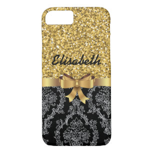 GOLD GLITTER  BLACK DAMASK  GOLDEN BOW MONOGRAM Case-Mate iPhone CASE
