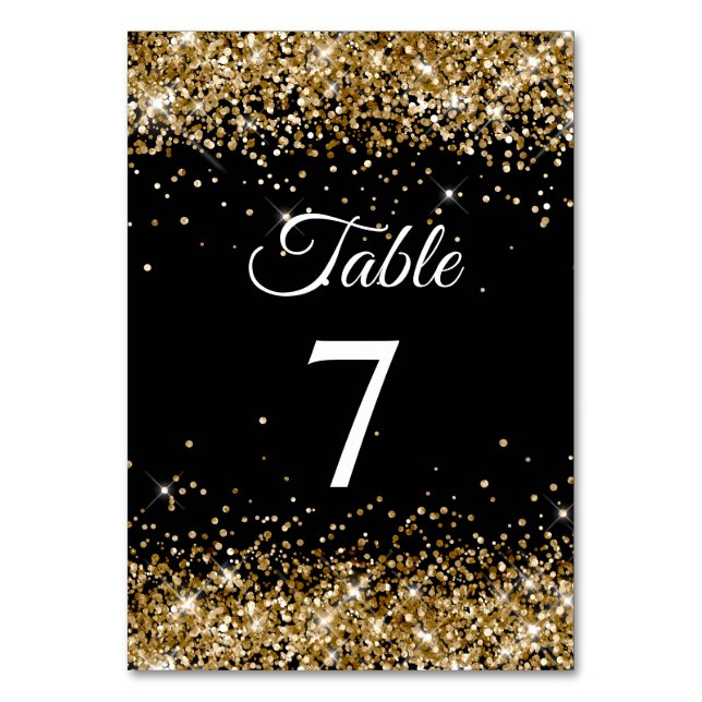 Gold Glitter Black Elegant Calligraphy Table Number (Front)